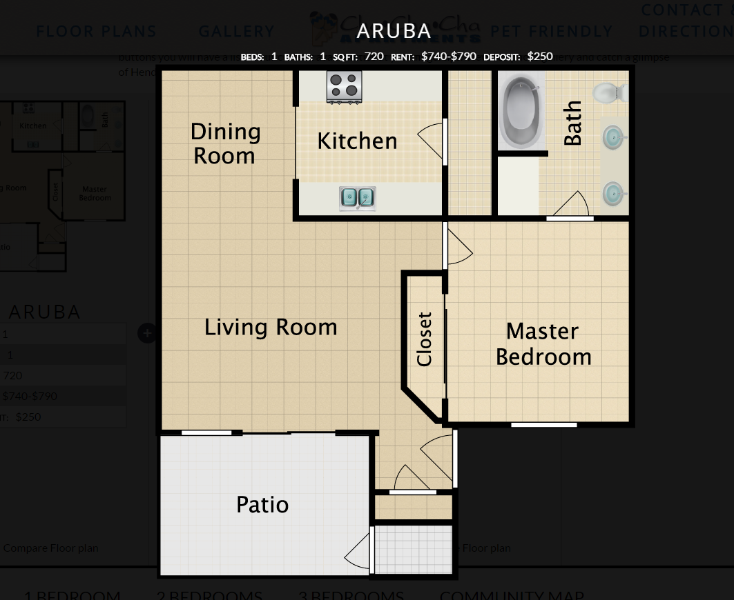 Floor plan for 1 bed, 1 bath, 720 sqft